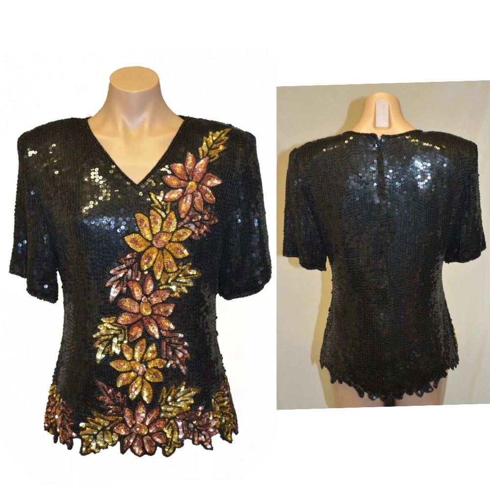 Stenay Vintage 80s Beaded Floral Sequin Silk Formal Top blouse sz M